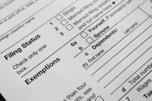 US Income tax return 1040 close up filing status and exemptions