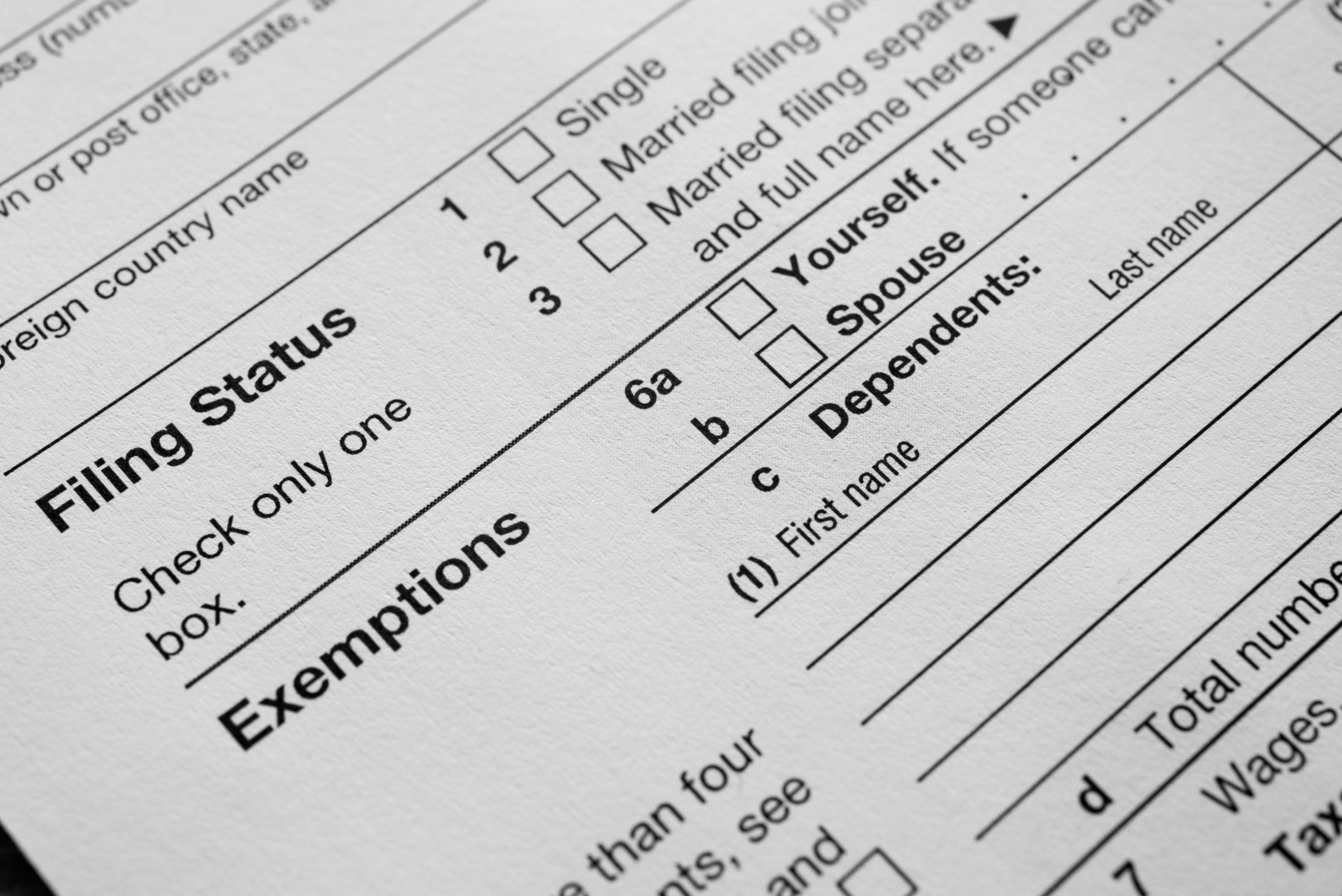 US Income tax return 1040 close up filing status and exemptions